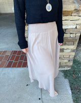 Mocha Textured Midi Skirt w/Smocked Waistband & Pockets