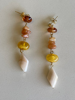 Amber Stones & Gold Dangle Post Earrings