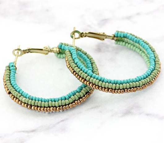 Cabo Mint & Gold Seed Bead Hoop Earrings