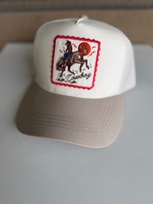 Cowboy Patch Cream & Tan Brim Trucker Hat w/Adjustable Snap Fit
