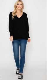 Black Ribbed Long Sleeve V-Neck Loungewear Sweater Top