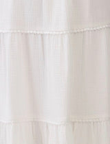Cabo White Smocked Waist Pom Pom Tiered Trim Midi Skirt w/Pockets