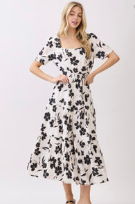Ivory & Black Leaf Print Square Neckline Tiered Midi Dress w/Pockets