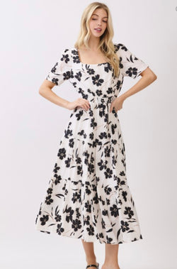 Ivory & Black Leaf Print Square Neckline Tiered Midi Dress w/Pockets