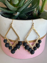 Gold Diamond Shape Earrings w/Black Lava Beads