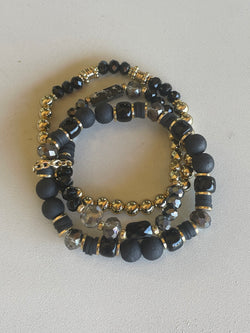Black & Gold Set of 3 Stretch Beaded Bracelets w/Chain Attachment