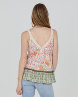 Cream & Pink Flower Print V-Neckline Tank w/Lace Trim and Side Ties