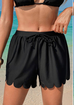Black Scallop Trim Beach Shorts w/Drawstring & Built in Swim Bottoms