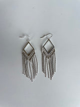 Silver Diamond Shape Earrings w/Chain Fringe