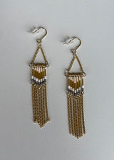 Taupe & Grey Tone Beaded w/Gold Fringe Earrings