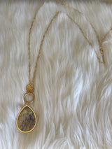 Gold & Abalone Teardrop Pendant Long Chain Necklace