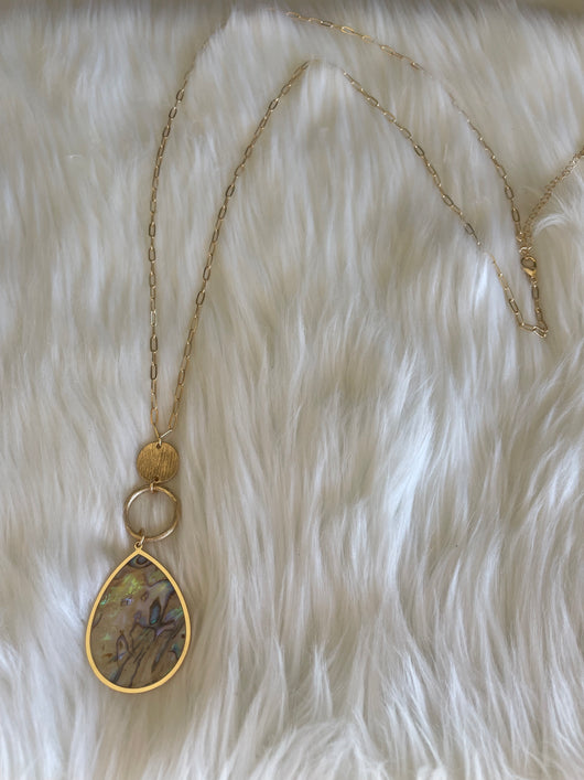 Gold & Abalone Teardrop Pendant Long Chain Necklace