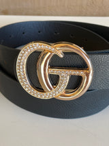 Black Faux “GO” Gold & Rhinestone Buckle Belt