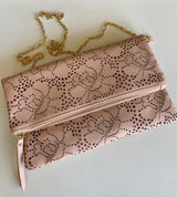 Pink Flower Design Fold Over Magnetic Purse w/Gold Chain Crossbody Strap