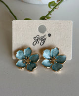 Tropical Blue Flower & Gold Post Earrings