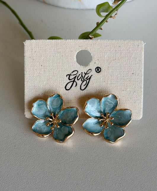 Tropical Blue Flower & Gold Post Earrings