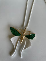 Beautiful Butterfly Necklace w/Silver Long Rope Chain, Gold and Emerald Green Wings