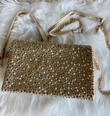 Sparkly Gold Rhinestone Crossbody Purse w/Gold Chain & Leather Strap and Removable Short Strap