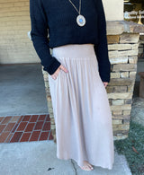 Mocha Textured Midi Skirt w/Smocked Waistband & Pockets