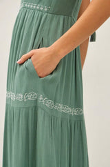 Teal Breezy Embroidered Tiered Maxi Dress w/Tie Straps