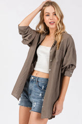 Mocha Oversized Button Down Long Sleeve Top