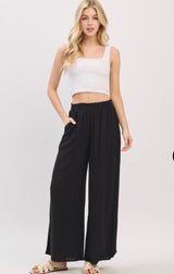 Black Flowy Wide Leg Pants w/Smocked Waist and Pockets