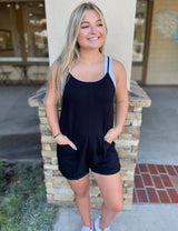 Black Spaghetti Strap Shorts Romper w/Front Pockets