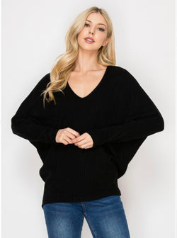 Black Ribbed Long Sleeve V-Neck Loungewear Sweater Top