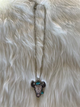 Silver Chain Link Necklace w/White & Turquoise Bull Head Pendant