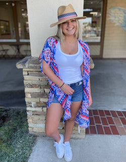 Red, White & Blue Aztec Stars Sheer OS Kimono