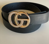 Black Faux “GO” Gold & Rhinestone Buckle Belt