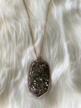 Long Gold Necklace w/Gray Glass Bead Oval Pendant
