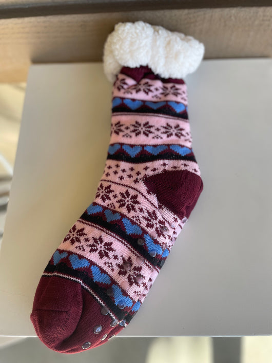 Fluffy Pink and Maroon Snowflake & Hearts No Slip Socks