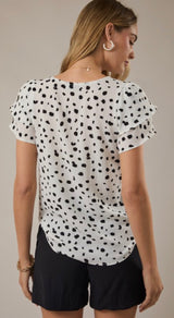 White & Black Abstract Flutter Sleeve Blouse