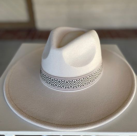 Ivory Flat Brim Fedora Hat w/Olive Green Chevron Band & Adjustable Fit