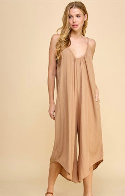 Tan Wide Leg Midi Sleeveless Jumper w/Pockets