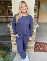 Navy Soft Brushed Hacci Straight Leg Loungewear Pants w/Pockets & Drawstring