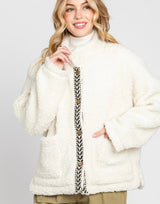 Off-White Soft Teddy Jacket w/Leaf Tape Trim Detail, Buttons & Pockets