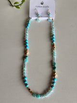Aqua Blue & Gold Glass Beads and Stones Necklace & Earring Set