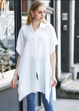Lido Luxe White OS Long Button Down Cover-Up Top