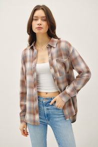 Mocha Plaid Soft Button Down Flannel Top