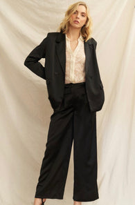 Jetsetter Black Satin Blazer & Wide Leg Pant Suit w/Pockets and Buttons