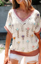 Wild Flower Embroidered Knit Short Sleeve Ivory Sweater Top