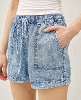 Marble Denim Wash Tencel Shorts w/Elastic Tie Waist and Pockets
