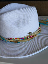 White CC Brand Sunhat w/Colorful Beads & Raffia Band and Adjustable Fit