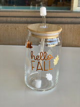 Hello Fall Leaves Glass Cup with Lid & Glass Straw