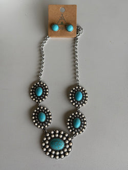 Western Silver, Crackled Cream & Turquoise Stone Concha Necklace and EarringSet