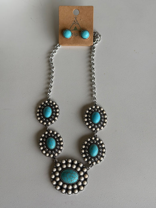 Western Silver, Crackled Cream & Turquoise Stone Concha Necklace and EarringSet