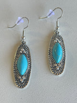 Antique Silver Oval Drop Turquoise Stone Fishhook Earrings