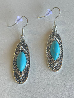 Antique Silver Oval Drop Turquoise Stone Fishhook Earrings